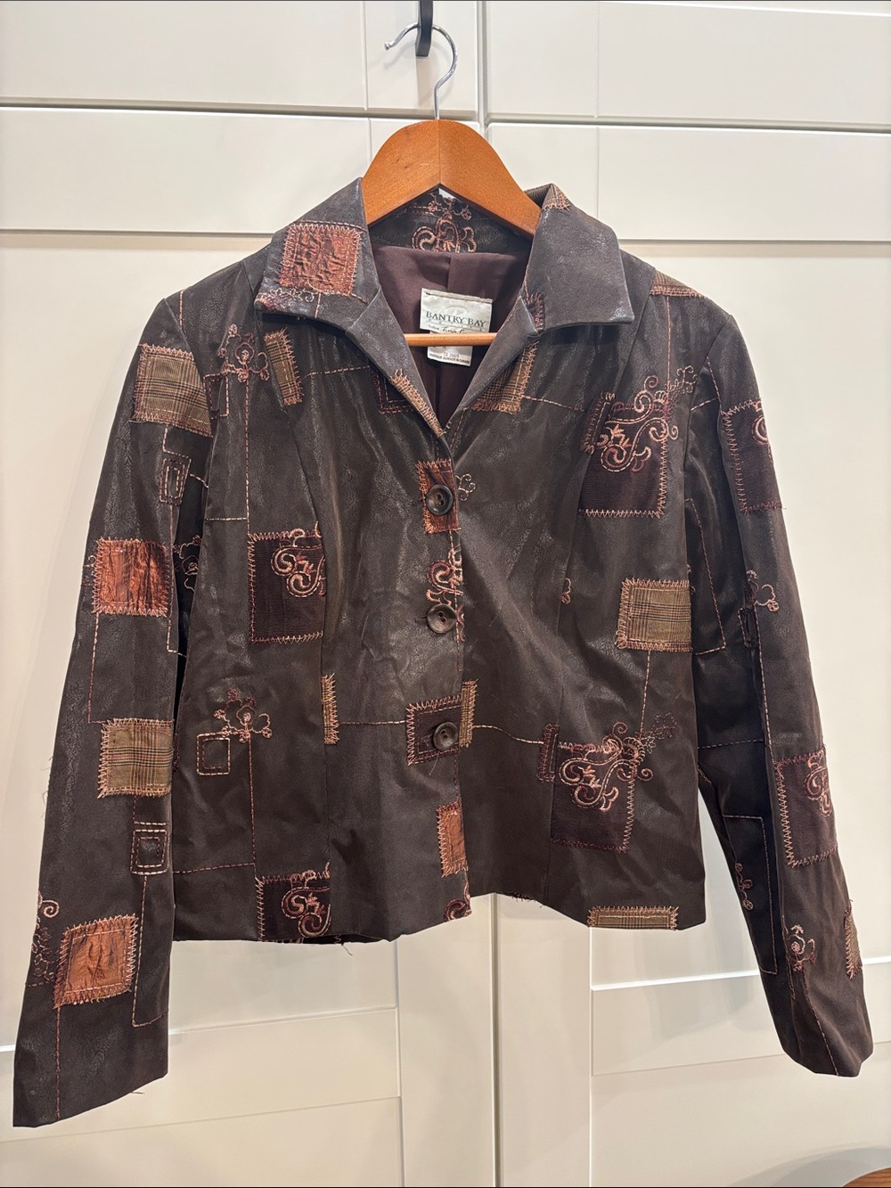 Patchwork Embroidered Brown Faux Leather Women's Jacket